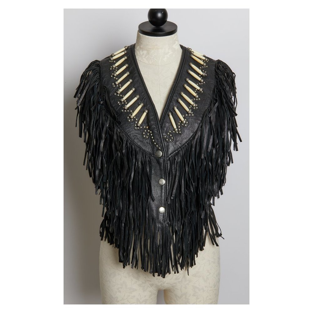 Vintage Ladies Beaded Black Leather Fringe Biker Jacket Vest